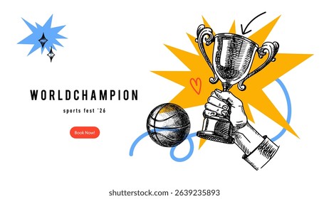 Vector sketch sport background. Collage with trophy and ball hand drawn illustration. Poster, certificate, diploma design.