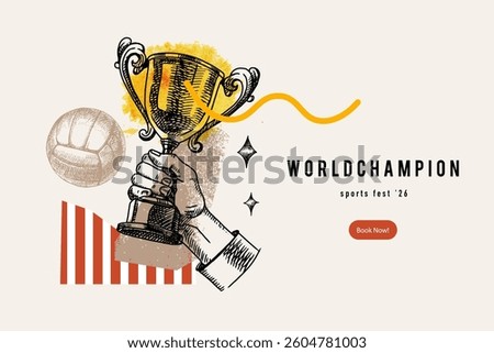 Vector sketch sport background with collage of trophy cup image. Perfect for design poster, greeting card and book cover. Hand drawn illustration. Not AI generation