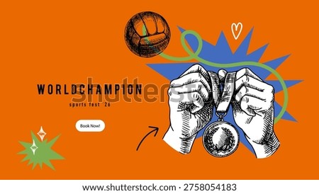 Vector sketch sport background. Collage with trophy and ball hand drawn illustration. Poster, certificate, diploma design.