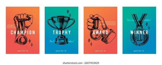 Vector sketch sport banner set with trophy images. Perfect for design poster, greeting card and book cover. Hand drawn illustration. Not AI generation
