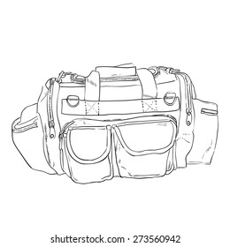 Vector sketch sports bag with pockets. Hand draw illustration.