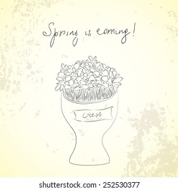 Vector sketch spring background with cress sprouts in a cup for easter card, eco background, cover design vintage grunge style