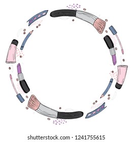 Vector sketch square banner with a round frame of cosmetic products. Design for cosmetics, fashion, beauty, makeup. Lipstick, perfume, brush, pencil, cream.