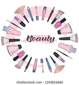 Vector sketch square banner with a round frame of cosmetic products. Design for cosmetics, fashion, beauty, makeup. Lipstick, perfume, brush, pencil, cream.