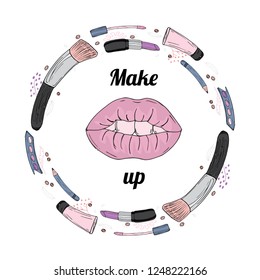 Vector sketch square banner with a round frame of cosmetic products. Design for cosmetics, fashion, beauty, makeup. Lipstick, perfume, brush, pencil, cream, lips.