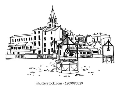 Vector sketch Square of Five Wells (Trg Pet bunara) in Zadar, Croatia
