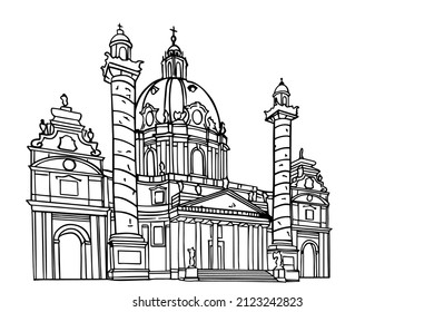 Vector sketch of St. Charles's Church in Vienna, Austria