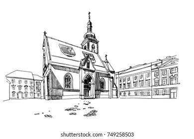 vector sketch of St. Mark's Church in Zagreb, Croatia.