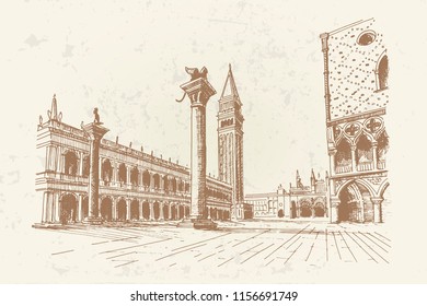 Vector sketch of of St Mark's Square or Piazza San Marco, Venice, Italy. Retro style.