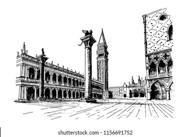 Vector sketch of of St Mark's Square or Piazza San Marco, Venice, Italy.