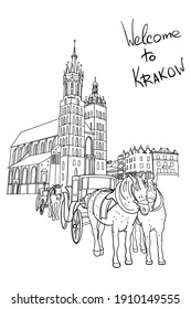 vector sketch of St. Mary's Church and the Main Market Square in the Old Town district of Krakow. Poland.