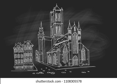  Vector sketch of St Nicholas' Church in Ghent, Belgium. Retro style.