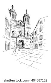 vector sketch of St. Nicholas church on St. Luke square in Kotor. Montenegro.