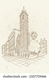 Vector sketch of St Paul's Within the Walls church (American Church) on Via Nazionale in Rome, Italy.