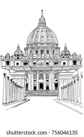 vector sketch of St. Peter's cathedral in Vatican City Rome Italy.