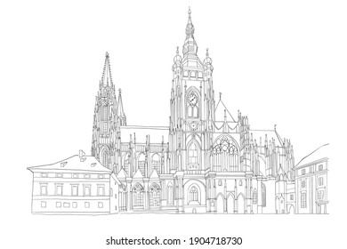 vector sketch of St. Vitus Cathedral in Prague, Czech Republic
