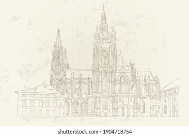 vector sketch of St. Vitus Cathedral in Prague, Czech Republic
