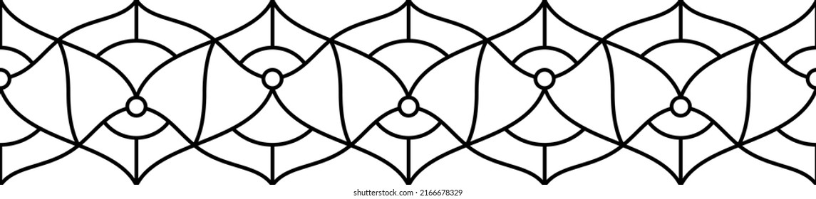 Vektorgrafik eines Buntglasfensters. Nahtloses Muster. Abstrakter, endlos blauer Hintergrund. Art-Deco-Deko für die Inneneinrichtung. Luxuriöses modernes Interieur. Vorlage für Design. Zaun. Eisenbahn.