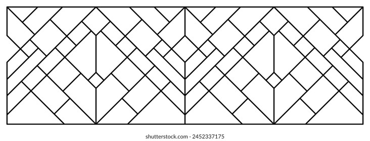 Vektorgrafik Skizze eines Buntglasfensters. Nahtloses Muster. Abstrakter Buntglashintergrund. Dekor für Interieur. Luxuriöses, modernes Interieur. Vorlage für Design. Eisenzaun aus Premium. Eisengeländer.