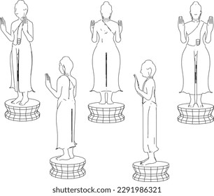 Vector sketch of a standing golden buddha praying
