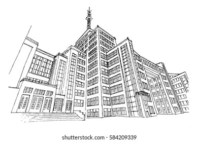Vector sketch of State Industry Building (the Palace of Industry) or "Gosprom" built in Construction Art in 1926. Kharkov.