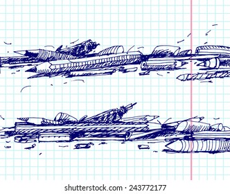 Vector sketch of stationery goods laying in mess. Hand drawn ink illustration of pens, pencils and other note stuff. Cute element for your school and note designs, cutaways, etc. 