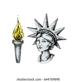 Vector sketch of statue of liberty and burning torch. Isolated sketch objects on white background.