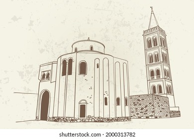 vector sketch of St.Donatus church on the Roma Forum in Zadar. Croatia.