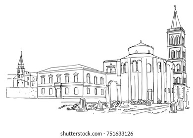 Vector sketch of St.Donatus church on the Roma Forum in Zadar. Croatia.