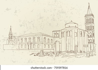 vector sketch of St.Donatus church on the Roma Forum in Zadar. Croatia.