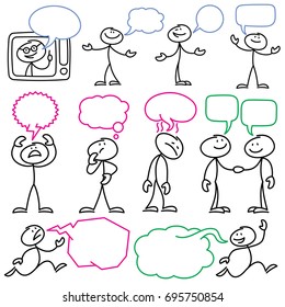 Vector Sketch Stick Figures With Blank Dialog Bubbles. Stick Man Figure And Speech Bubble Communication Illustration