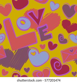 Vector sketch with stickers, pins, patches in cartoon 80s-90s comic style. Seamless pattern with fashion patch badges with hearts, letter on a yellow background.