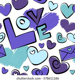 Vector sketch with stickers, pins, patches in cartoon 80s-90s comic style in blue and violet colors. Seamless pattern with fashion patch badges with hearts, letter on a white background.