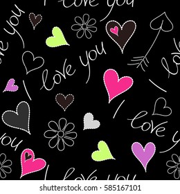 Vector sketch with stickers, pins, patches in cartoon 80s-90s comic style in violet, pink and gray colors. Seamless pattern with fashion patch badges with hearts, letter, flower on a black background.