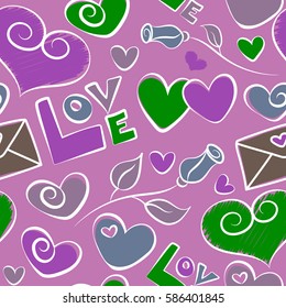 Vector sketch with stickers, pins, patches in cartoon 80s-90s comic style in green and violet colors. Seamless pattern with fashion patch badges with hearts, rose flower, love text and letter.