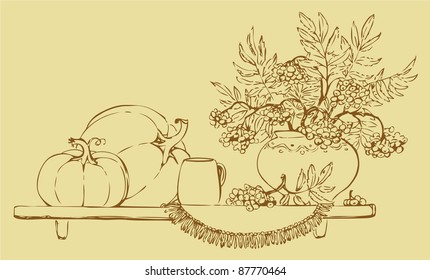 Vector Sketch a still life of autumn pumpkins and fruit bunch ash