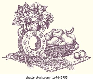 Vector sketch still life in folk style. Vase with fragrant flowers and fruit in a basket 