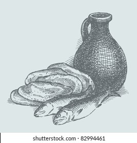 Vector Sketch. Still Life Of A Simple Peasant Food From The Biblical Story: The Fish, Bread And Water