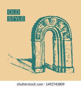 Vector sketch Stone arch, urban sculpture. Old, vintage style. Line graphics. For cards, calendars, design, book design