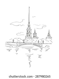 vector sketch St.-Petersburg View from Neva river on Peter and Paul Fortress in Spb, Russia.