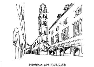 Vector sketch of Stradun street in old Dubrovnik. Croatia