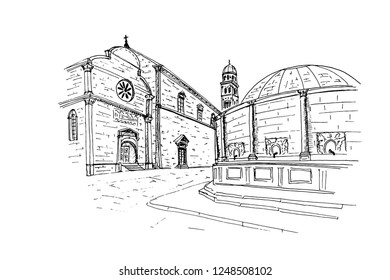 Vector sketch of Stradun street in old Dubrovnik. Croatia