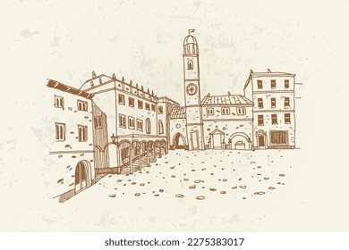 Vector sketch of Stradun street in old Dubrovnik. Croatia.  Artistic retro style.