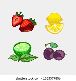 The vector sketch of strawberry, lemon, plum, peppermint and laim fruits