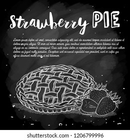 Vector sketch strawberry pie recipe, line art, hand drawn illustration for cook bookon a chalkboard