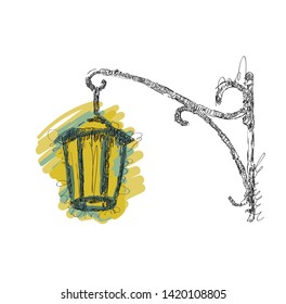 Vector sketch street lamp, lantern on white background, hand drawn illustration