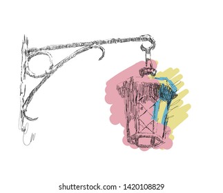 Vector sketch street lamp, lantern on white background, hand drawn illustration