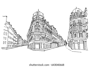 Vector sketch of street scene in France.