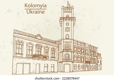 Vector sketch of street scene in Kolomyia, Ukraine.