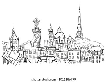 Vector sketch of street scene in Lviv, Ukraine.